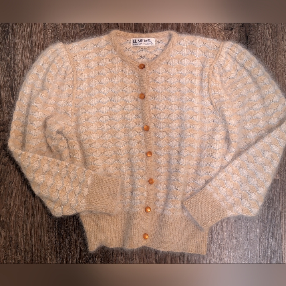 Vtg Japanese El Midas Sweater Cardigan Angora 10 Puff Sleeves Fitted Cream Small
